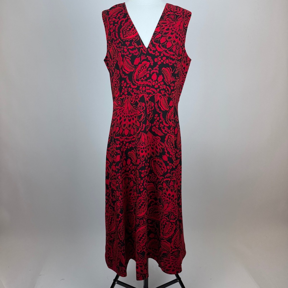 NWT Tommy Hilfiger Red Black Paisley Sleeveless V-Neck Midi Dress Size 12 Career